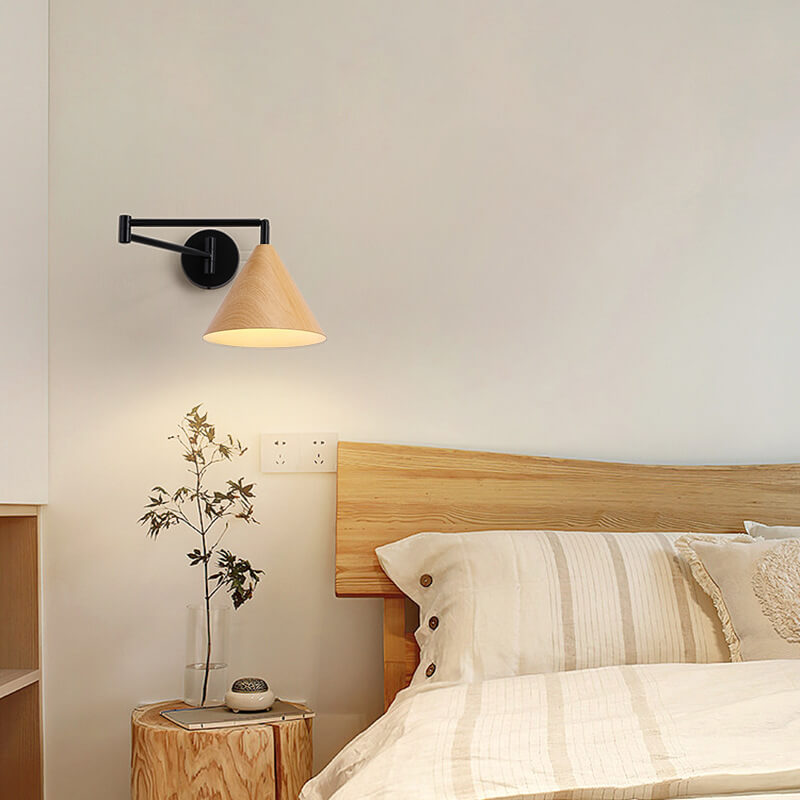 Arden – Scandinavische Kegel Wandlamp met Swing Arm (Houtnerf, Verstelbaar)