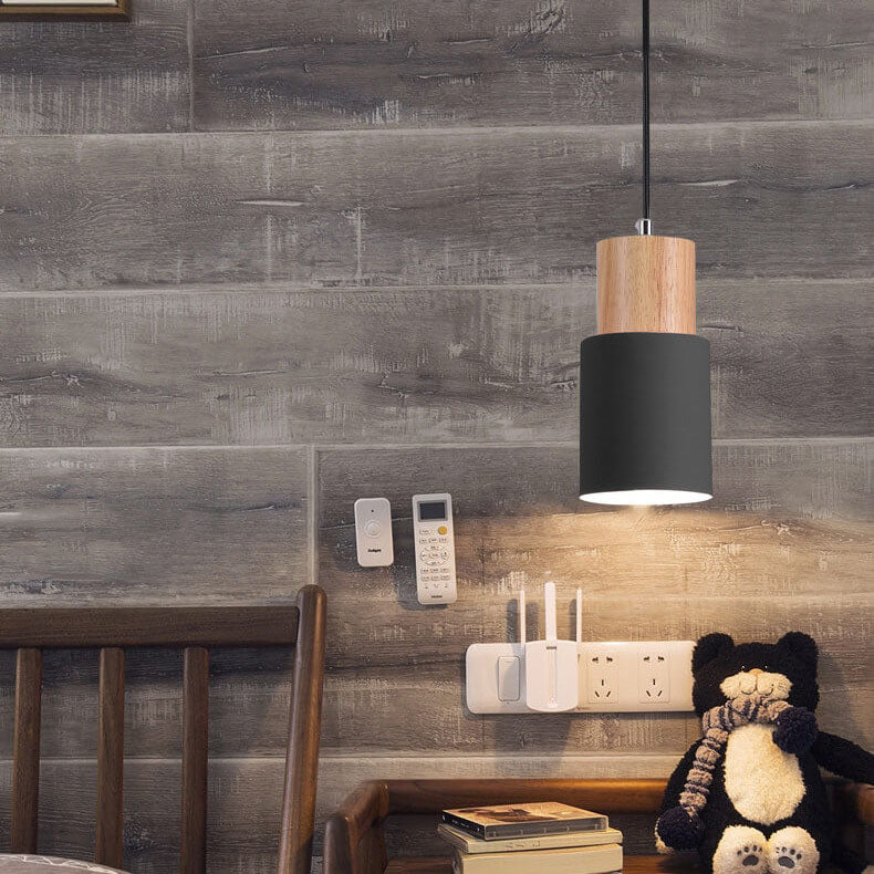 Nomi – Scandinavische Macaron Cilinder Hanglamp (Houtdetail, 1-Lichts)