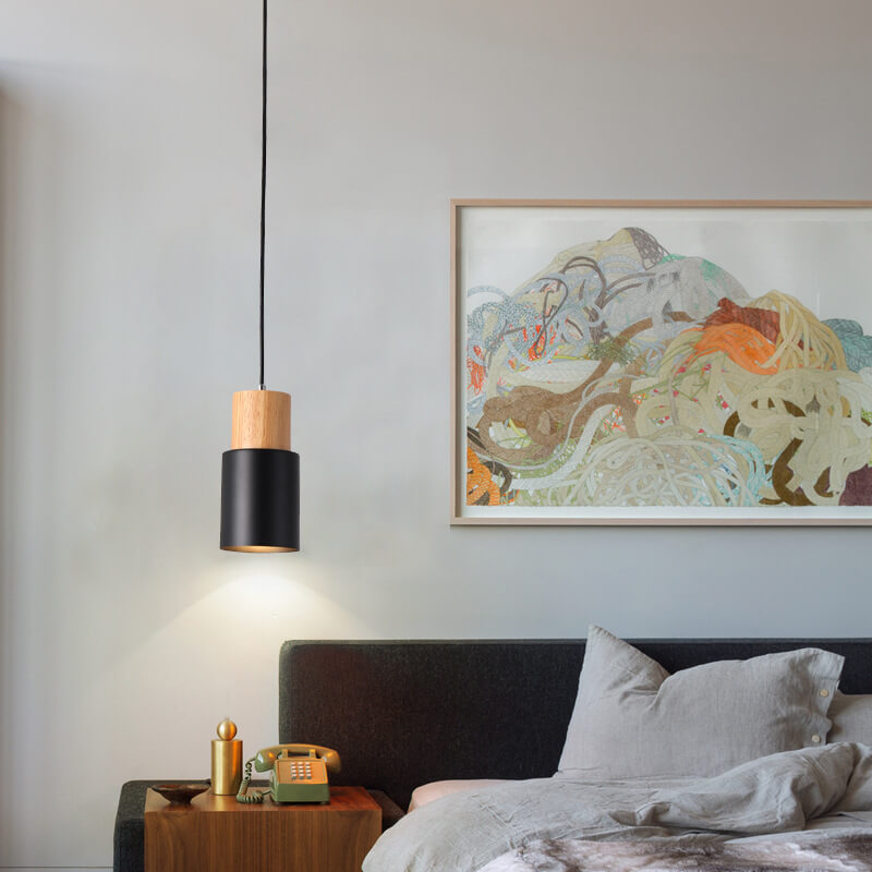 Nomi – Scandinavische Macaron Cilinder Hanglamp (Houtdetail, 1-Lichts)