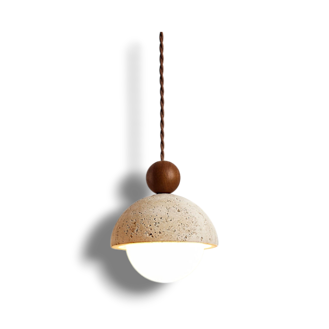 Brillora - Wabi-Sabi Hanglamp Met Travertijn Kap En Houten Accent