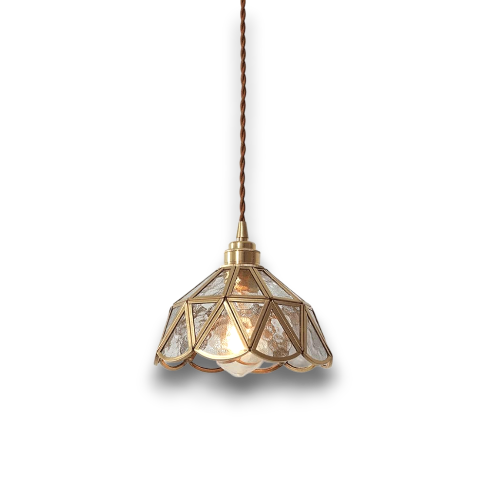 Vetra – Glazen Hanglamp & Plafondlamp (Vintage Messing met Stoffen Snoer)