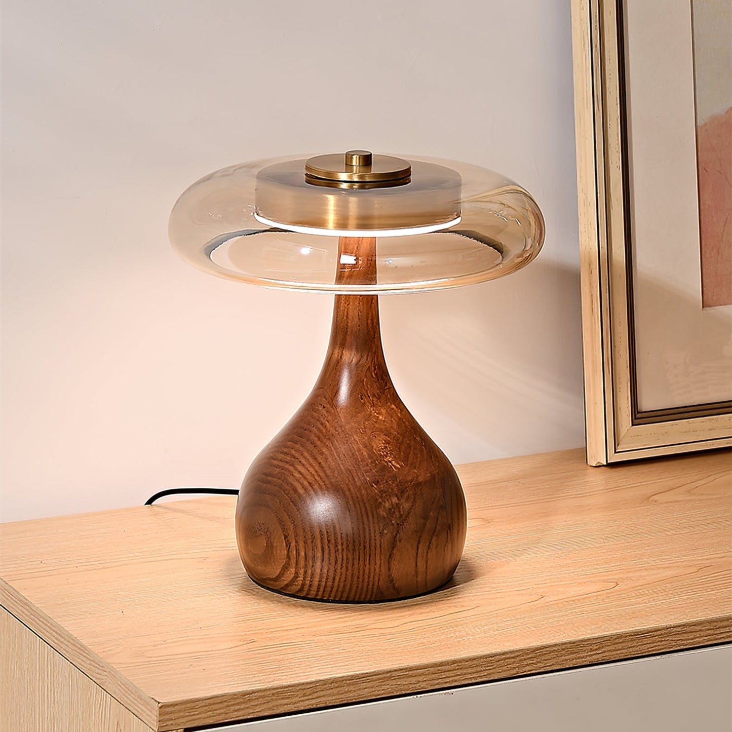 Moonpath - Minimalistische Glazen Tafellamp Met Strakke Houten Voet