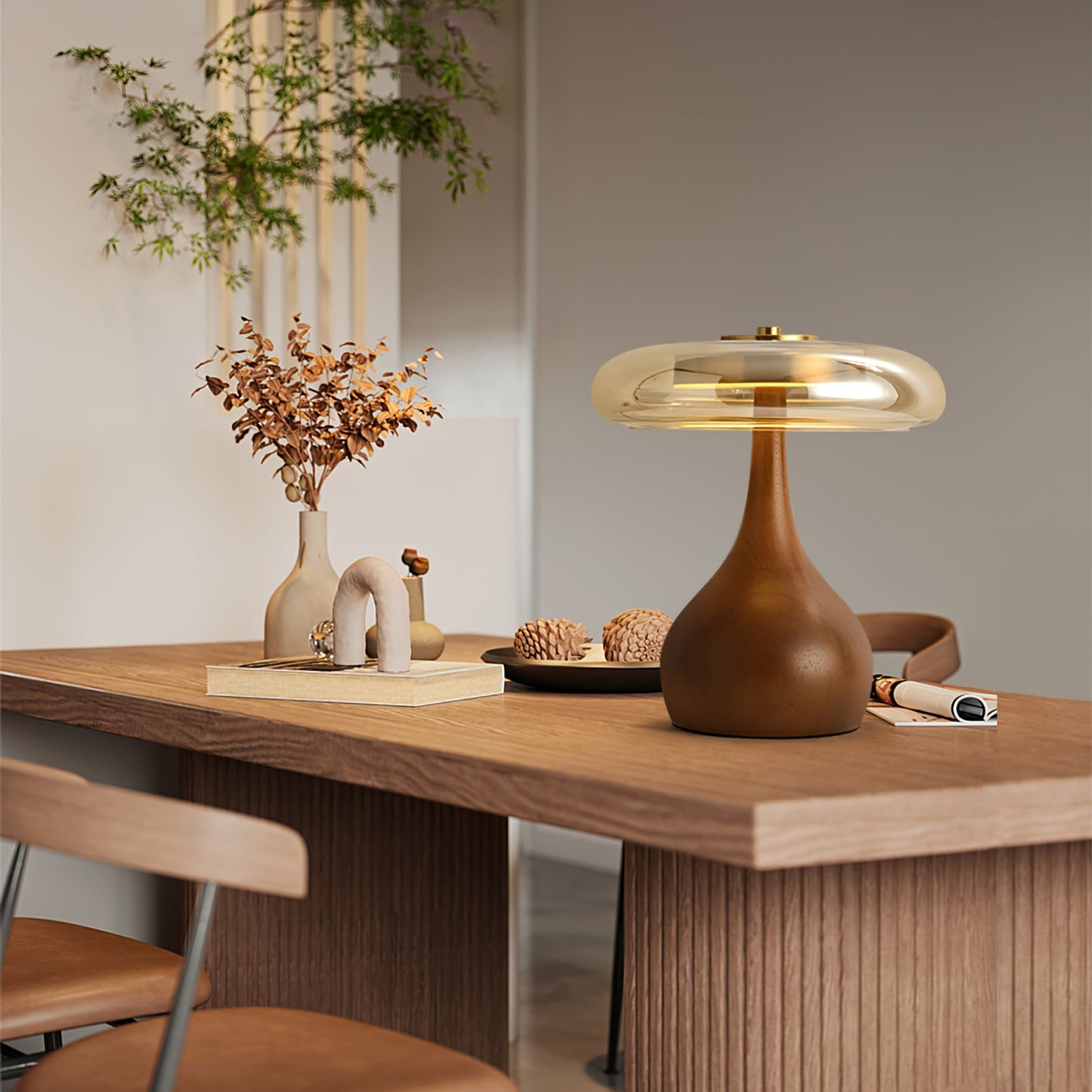 Moonpath - Minimalistische Glazen Tafellamp Met Strakke Houten Voet