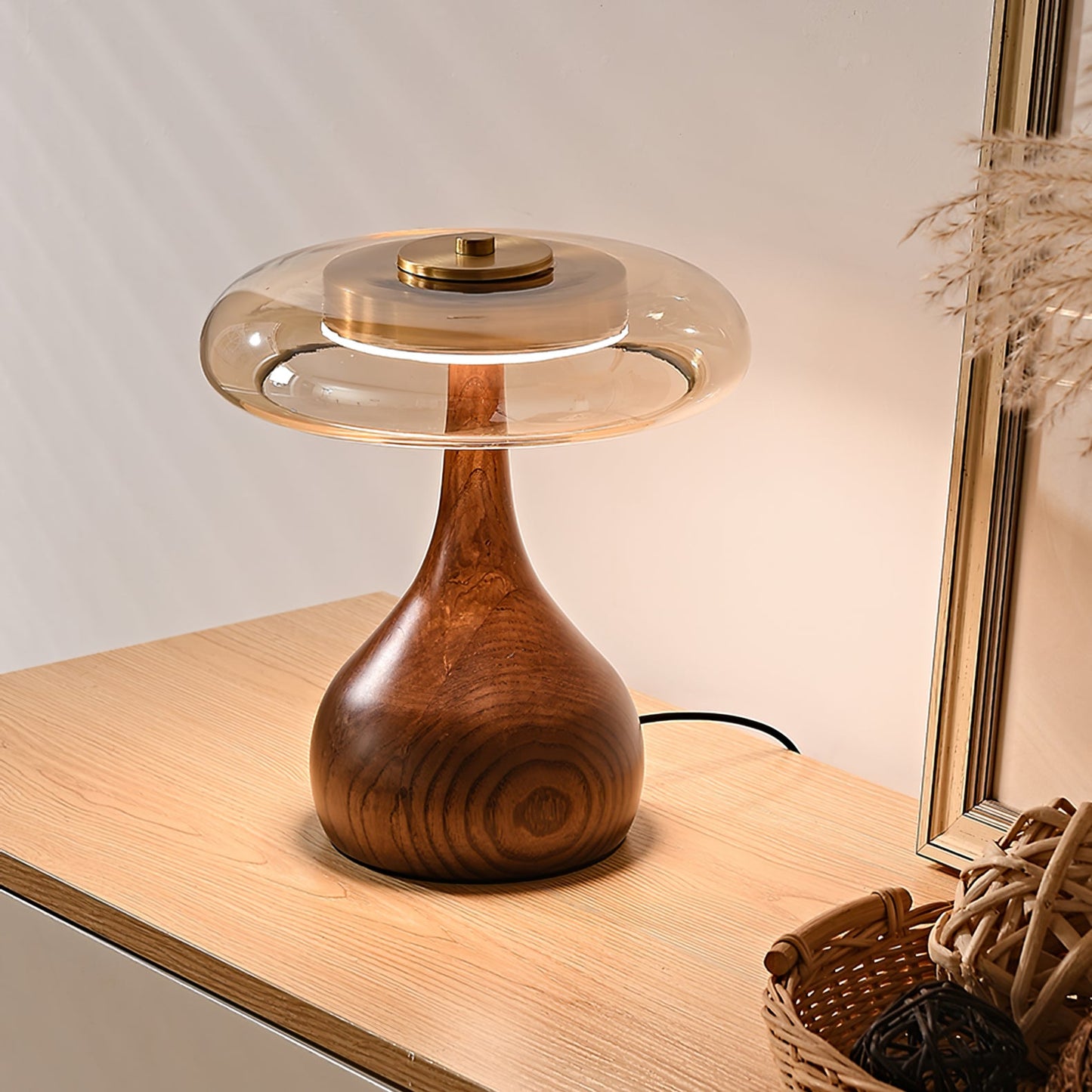 Moonpath - Minimalistische Glazen Tafellamp Met Strakke Houten Voet