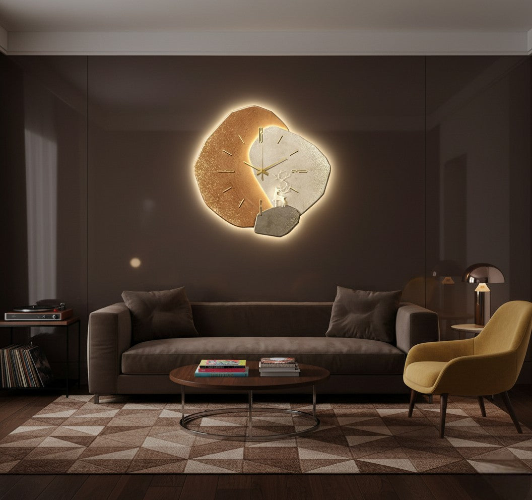 Lunare – Moderne Decoratieve Wandklok (Stille Quartz, Luminiserend Maanontwerp)