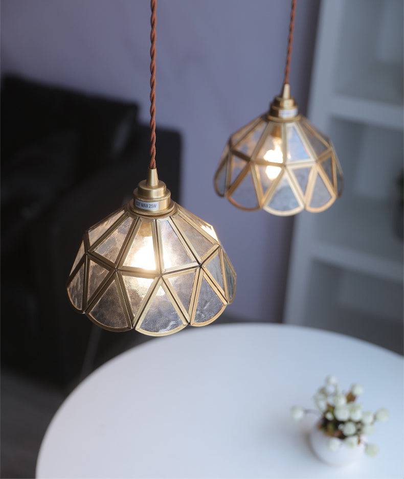 Vetra – Glazen Hanglamp & Plafondlamp (Vintage Messing met Stoffen Snoer)