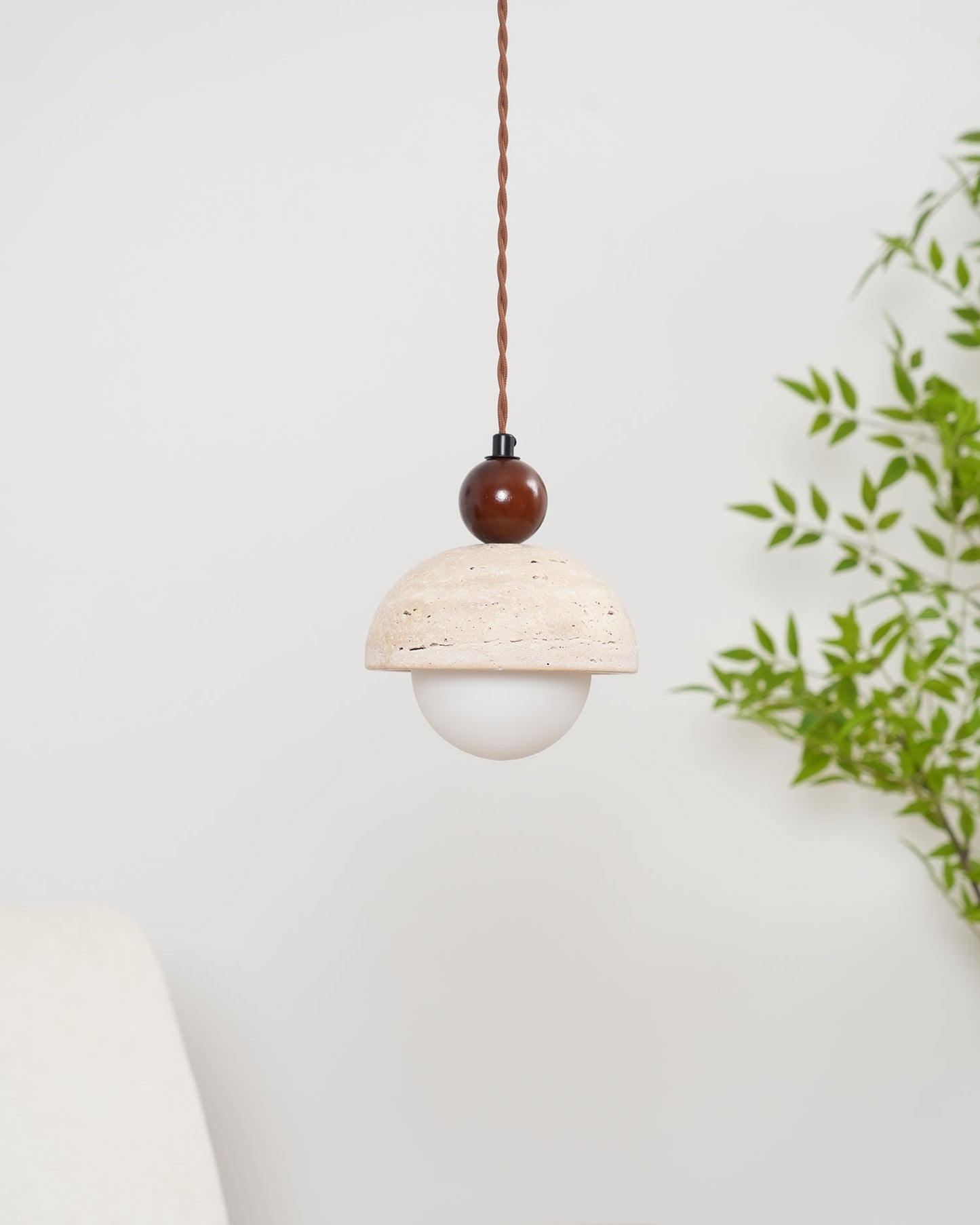 Brillora - Wabi-Sabi Hanglamp Met Travertijn Kap En Houten Accent