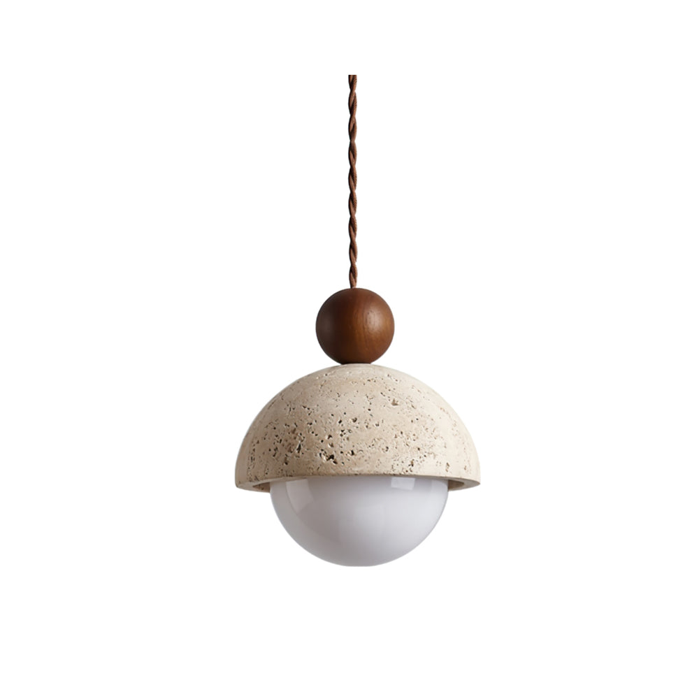 Brillora - Wabi-Sabi Hanglamp Met Travertijn Kap En Houten Accent