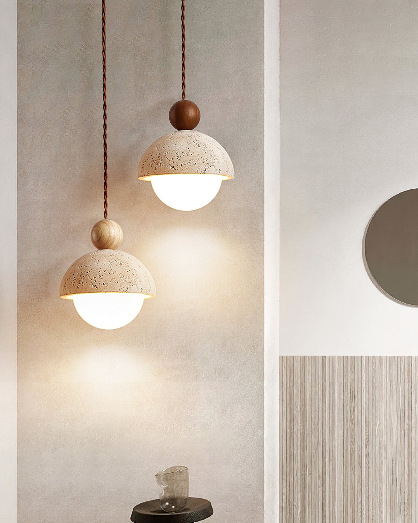 Brillora - Wabi-Sabi Hanglamp Met Travertijn Kap En Houten Accent