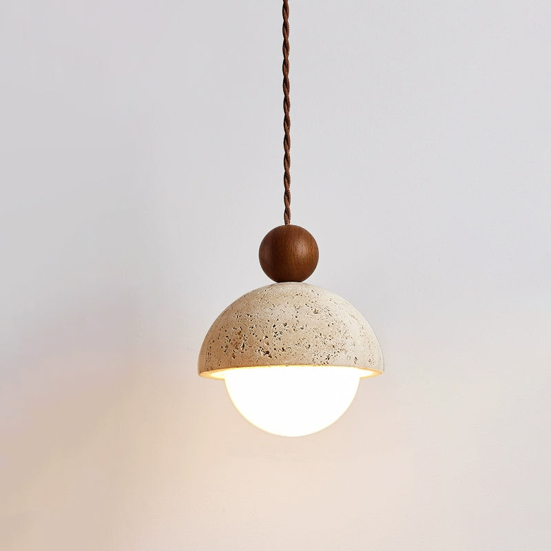 Brillora - Wabi-Sabi Hanglamp Met Travertijn Kap En Houten Accent