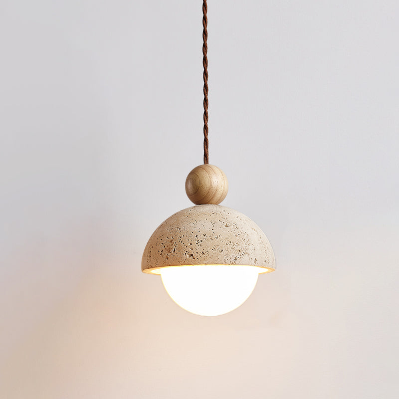 Brillora - Wabi-Sabi Hanglamp Met Travertijn Kap En Houten Accent