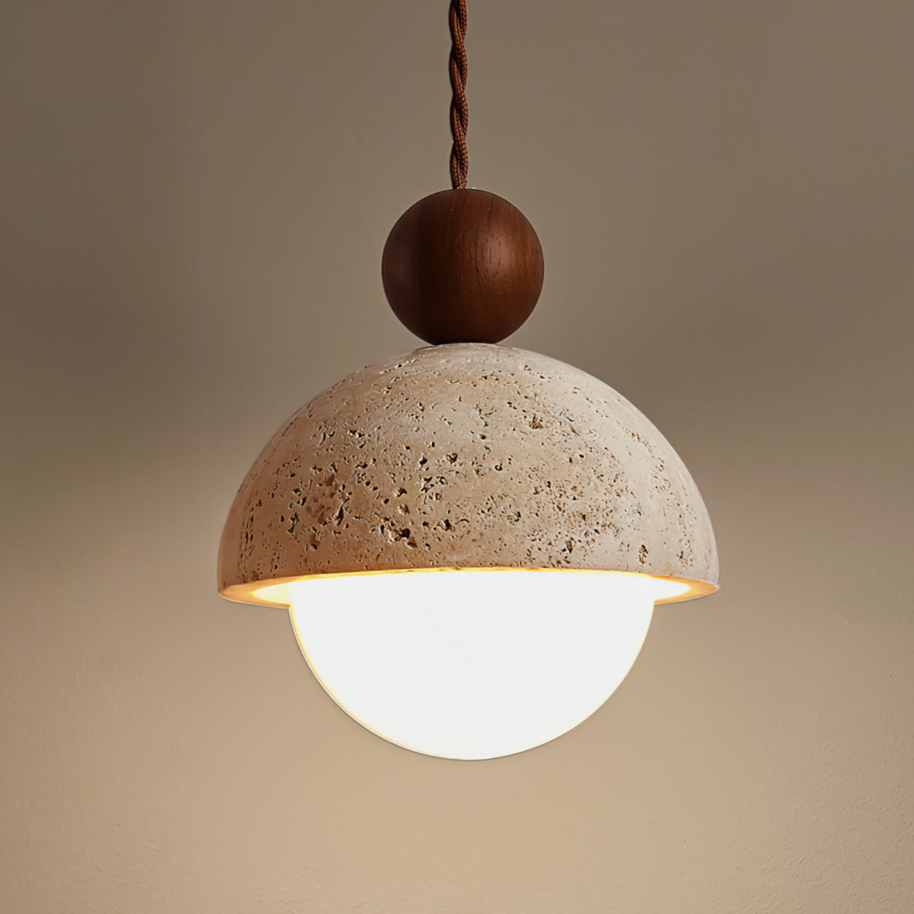 Brillora - Wabi-Sabi Hanglamp Met Travertijn Kap En Houten Accent
