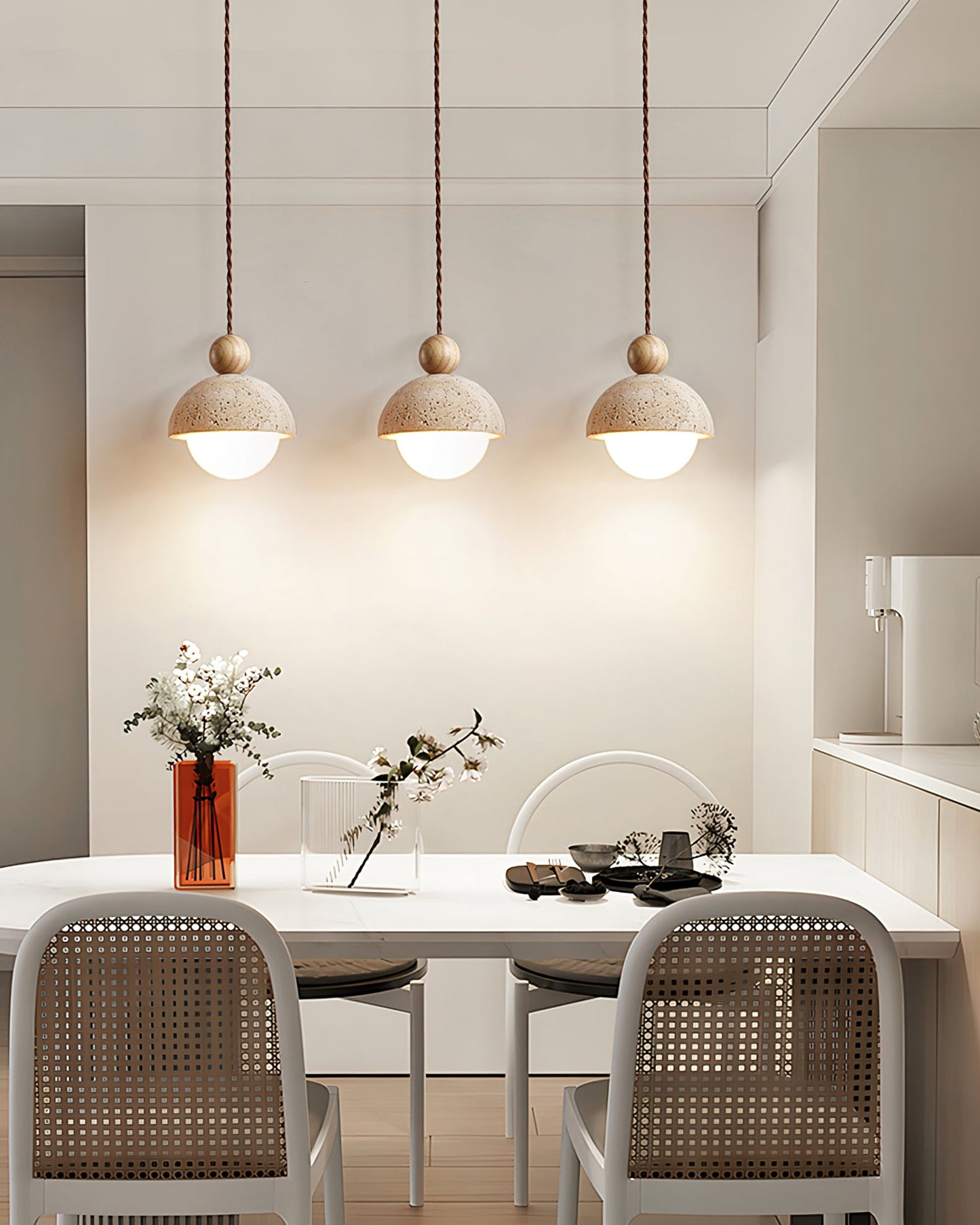 Brillora - Wabi-Sabi Hanglamp Met Travertijn Kap En Houten Accent