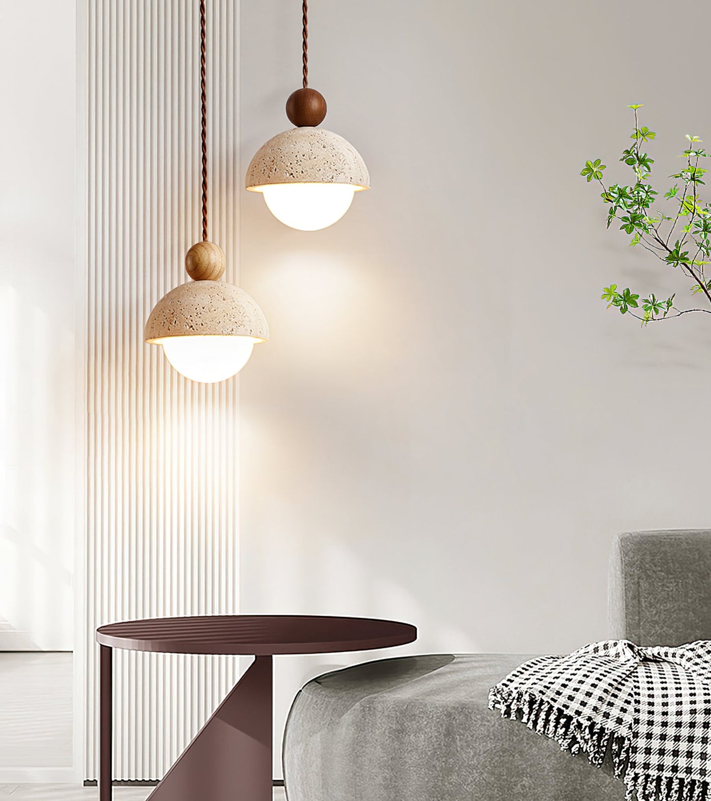 Brillora - Wabi-Sabi Hanglamp Met Travertijn Kap En Houten Accent