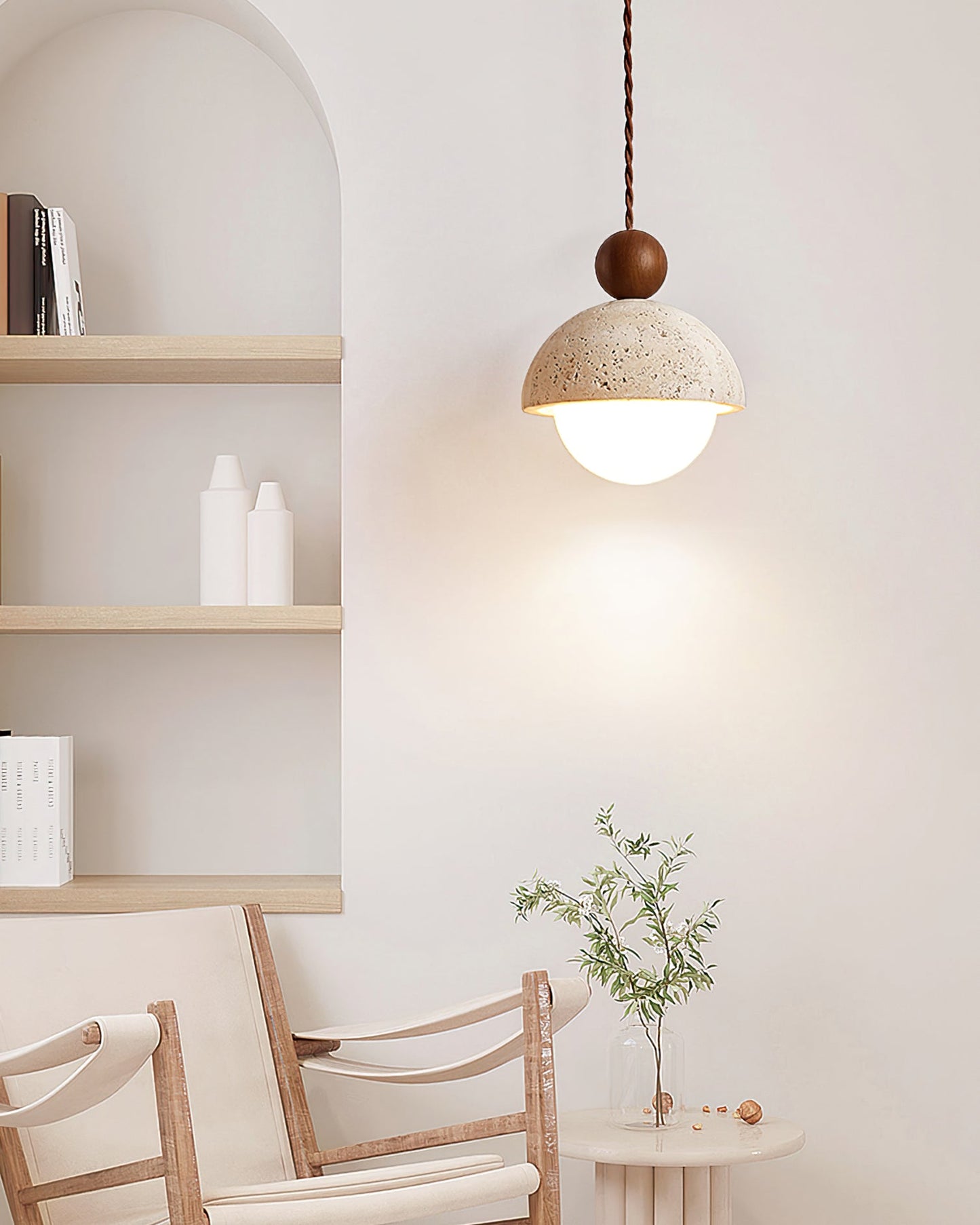 Brillora - Wabi-Sabi Hanglamp Met Travertijn Kap En Houten Accent