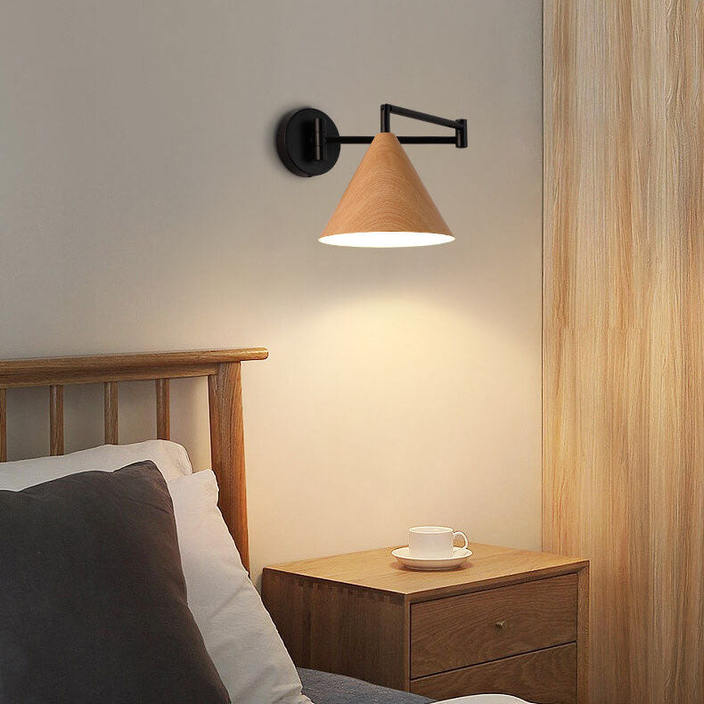 Arden – Scandinavische Kegel Wandlamp met Swing Arm (Houtnerf, Verstelbaar)