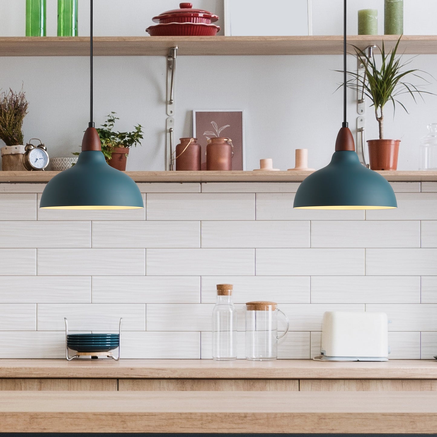 Wickla - Moderne Oak Pendel Ø24 Met Warme Houtaccenten En Petroleum Kleur