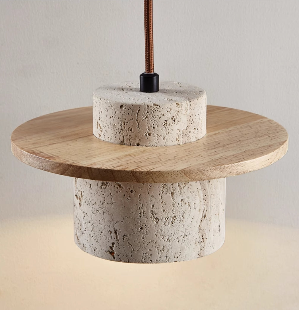 Travora – Natuurlijke Travertin Hanglamp met Houten Accenten