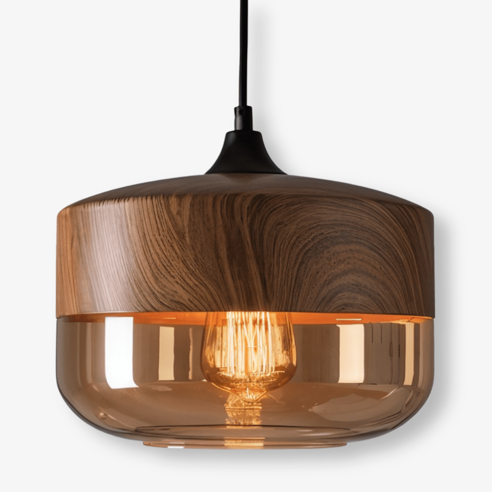 Nordic – Retro Glazen Hanglamp met Houten Accent