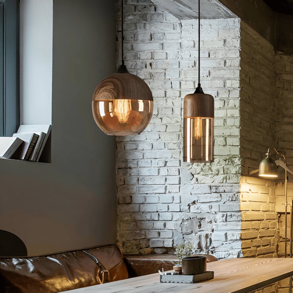 Nordic – Retro Glazen Hanglamp met Houten Accent